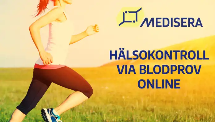 Kvinna i träningskläder springer på ett fält i solnedgången. Till höger syns texten ”Hälsokontroll via blodprov online” samt Mediseras logotyp.